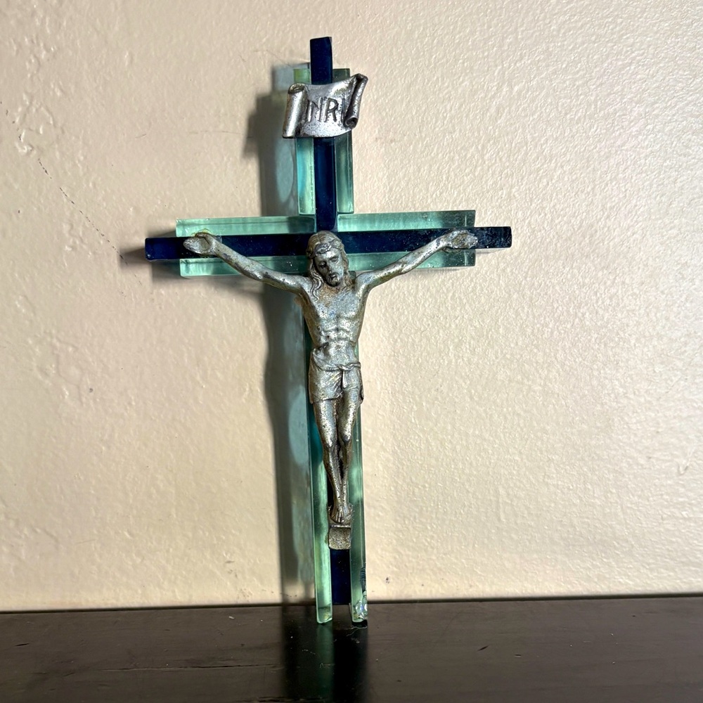 Glass crucifix with Metal Jesus. Vintage. Unique